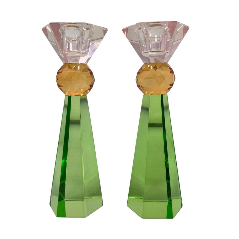 ALDI Kirkton House Glass Candle Holders Set of 2 Green Pink Faceted Sparkle